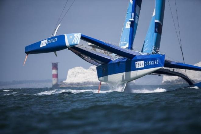 Team Concise MOD70 trimaran skippered by Ned Collier Wakefield (GBR) in action in the Solent © Lloyd Images